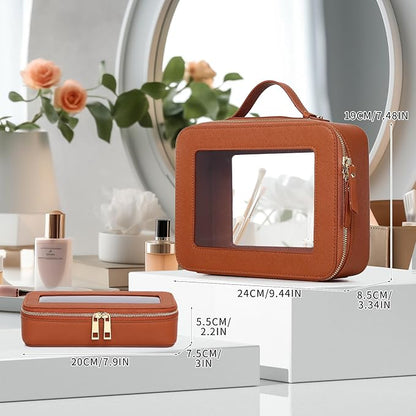 Pinkmik Clear Makeup Bag with Brush Bag 2pcs Waterproof Travel Case for Cosmetics and Toiletries Women's Cosmetic Organizer with Zipper (X/Brown, L+SLIM)