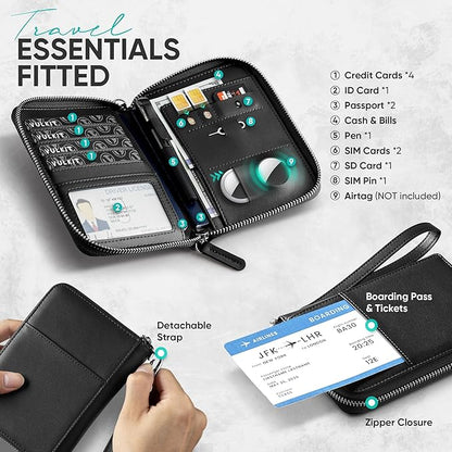 VULKIT Passport Holder for Travel with Airtag Slot, Premium Nappa Leather, RFID Blocking, Zipper Closure with Wrist Strap, Travel Document Organizer