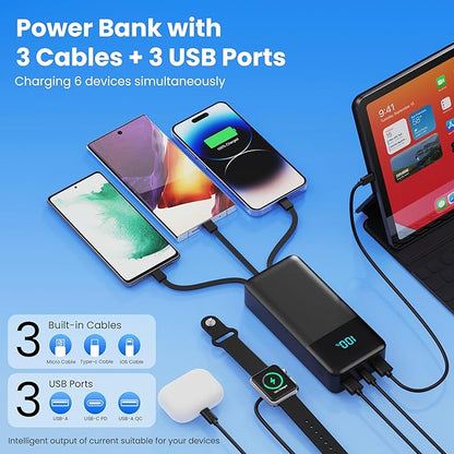Portable Charger 50800mAh Power Bank with 3 Built in Cables,25W PD QC4.0 Fast Charging USB C Battery Pack,6 Outputs Travel Outdoor Essentials Portable Phone Charger for iPhone 17/16/15,Galaxy,Android