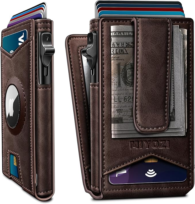Airtag Wallet for Men,with Money Clip Gift Boxed,Slim Front Pocket Wallet RFID Blocking Metal Case Smart Pop-up Credit Card Holder in Magnetic Leather Flip