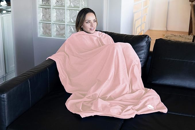 BlueHills Ultra Compact Travel Blanket Pillow in Portable Bag Case Soft with Strap Backpack Clip Premium Cozy Soft Compact Pack Large Blanket for Airplane Flight Layover - (Pink C006, 70 x 56 inch)