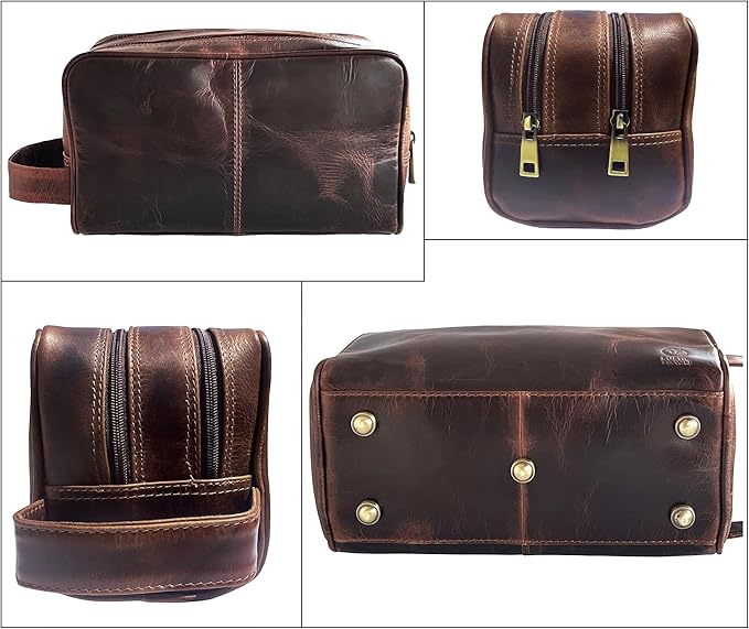 RUSTIC TOWN Leather Toiletry Bag for Men - Travel Shaving Ditty Kit - Bathroom Shower Toiletries Organizer - Leather Cosmetic Bag for Women (Walnut Brown)