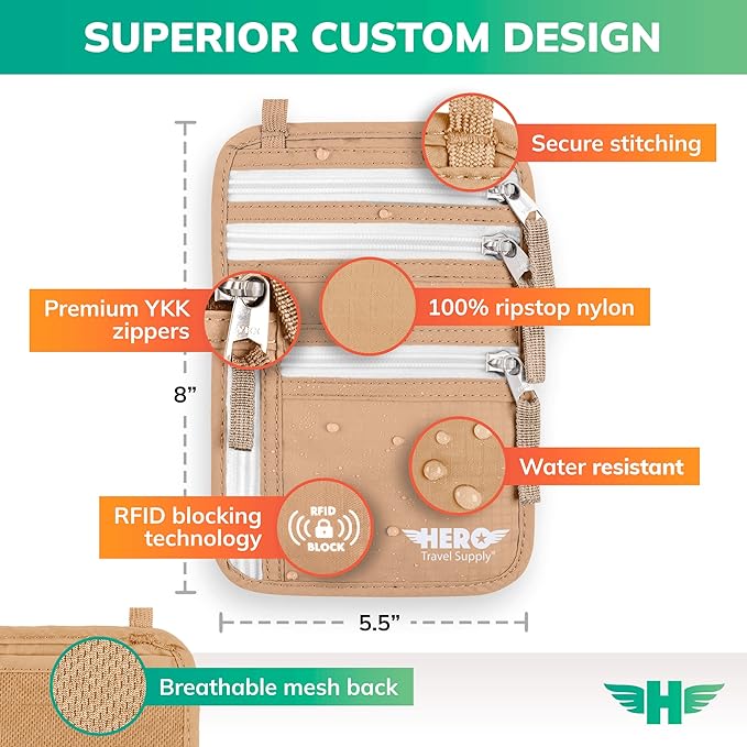 HERO Neck Wallet - RFID Blocking Passport Holder, Easy to Conceal and Pouch