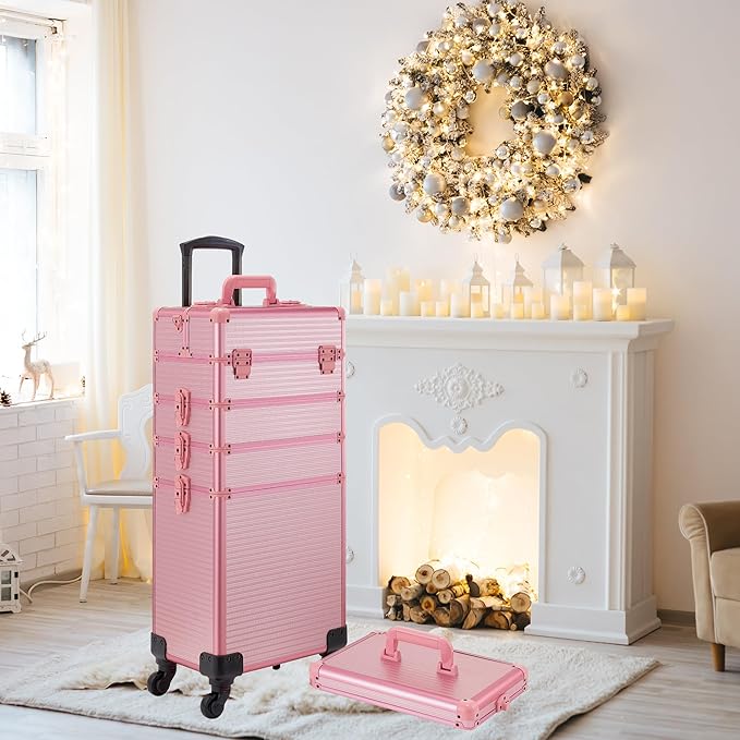 Rolling Makeup Case, Makeup Train Case with Lid, 5 in 1 Cosmetology Case on Wheels, Christmas Gift, Large Makeup Case Organizers, Profesional Cosmetic Case for Salon Barber, Pink