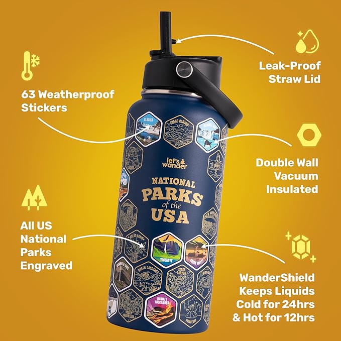 LET'S WANDER National Parks Water Bottle 2.0 Ultimate Bundle | Includes Straw Lid, Chug Lid & 2 Sets of 63 Waterproof Stickers | 32oz Leakproof Insulated Stainless Steel Gift Pack (Blue)