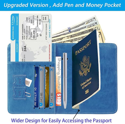 Passport Holder With Luggage Tag Travel Essentials Passport Cover Wallet RFID Blocking Leather Case International Must Haves Travel Accessories Women Men(115#Blue)