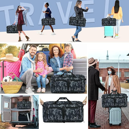 Fmeida 65L Duffle Bag with Shoes Compartment, Foldable Travel Duffel Bags for Men Women, Large Packable Travel Bag Water Repellent & Tear Resistant (BlackCamo)