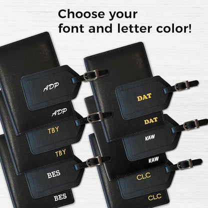 Personalized Monogrammed Black Leather RFID Passport Wallet and Luggage Tag