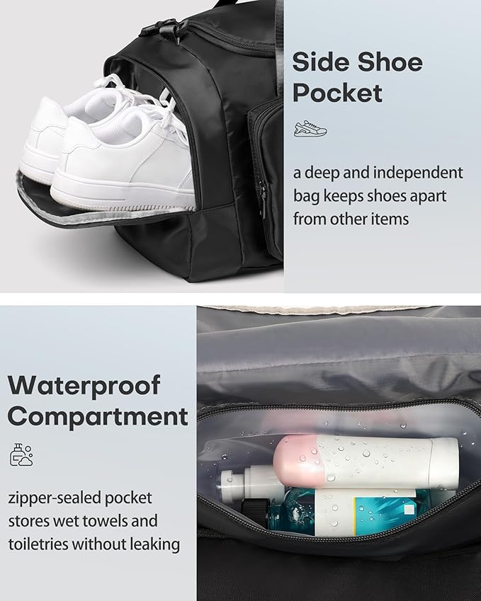 HOTOR Gym Bags for Men & Women - Spacious Duffle Bag with Shoe Compartment & Wet Pocket, Carry On Weekender Bag Portable Sports Duffel Bag for Workout, Fitness, Travel, Black, 20.5" x 11.0" x 10.6"