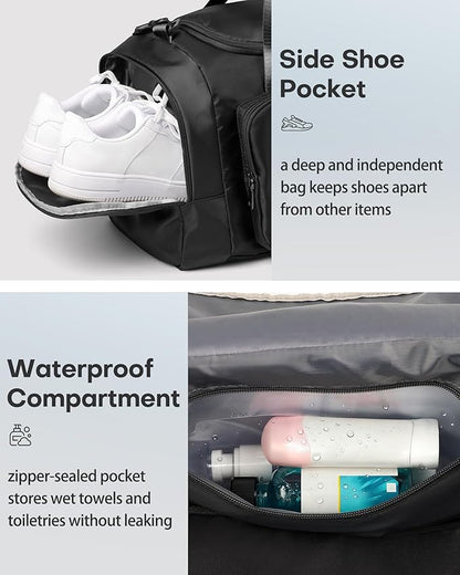 HOTOR Gym Bags for Men & Women - Spacious Duffle Bag with Shoe Compartment & Wet Pocket, Carry On Weekender Bag Portable Sports Duffel Bag for Workout, Fitness, Travel, Black, 20.5" x 11.0" x 10.6"