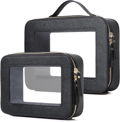 Pinkmik Clear Makeup Bag for Women Waterproof Travel Cosmetics and Toiletries Case Portable Makeup Oaganizer Bag Clear Car Bag with Zipper (Black, M+L)