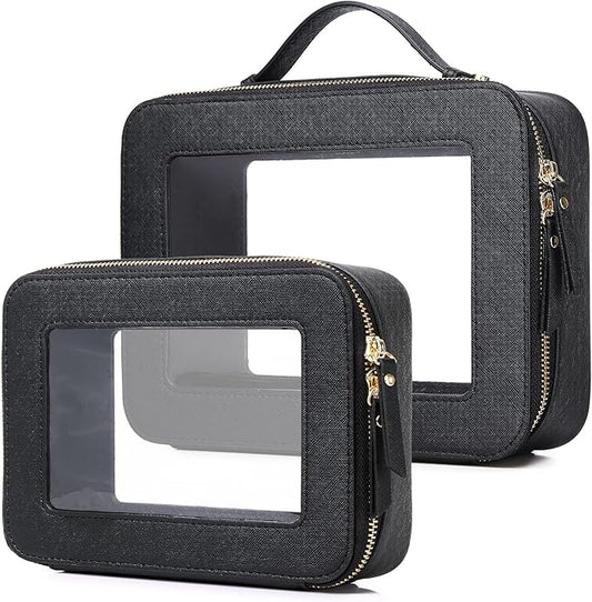 Pinkmik Clear Makeup Bag for Women Waterproof Travel Cosmetics and Toiletries Case Portable Makeup Oaganizer Bag Clear Car Bag with Zipper (Black, M+L)