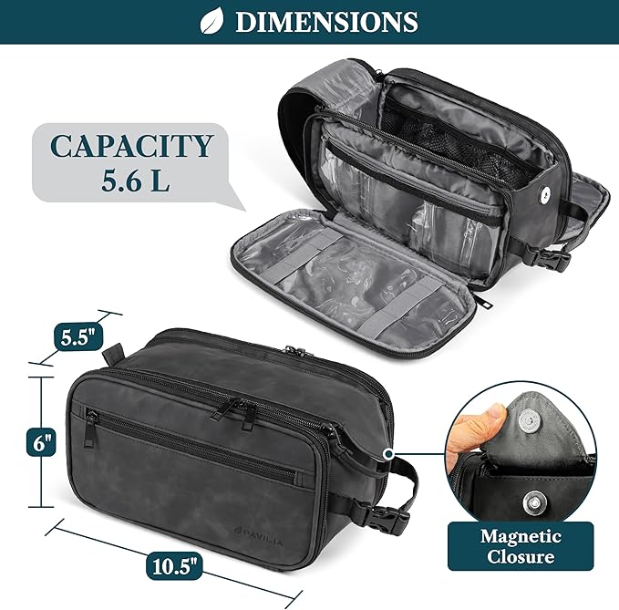 PAVILIA Toiletry Bag for Men Women, Mens Travel Bag Toiletries Organizer Case for Grooming, Travel Essentials Shaving Dopp Kit, PU Leather Water Resistant Cosmetic Pouch, Black