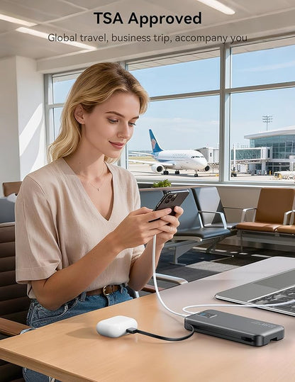 Portable Charger, 12000mAh 22.5W Fast Charging Power Bank with Built-in Cables & Wall Plug, Travel Essentials Battery Pack with LED Display, USB C External Battery Bank for iPhone iPad, Samsung Black