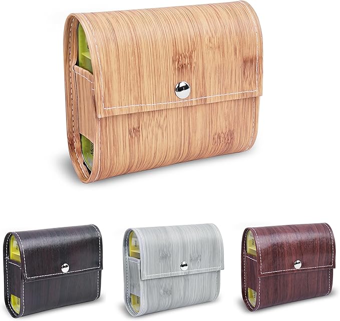 Pill Organizer,LIZIMANDU Weekly Travel Pill Case Box Medication Reminder Daily AM PM, Day Night 7 Compartments,for 4 Times A Day, 7 Days a Week-Includes Leather PU Carrying Case(1-Wood-Beige)
