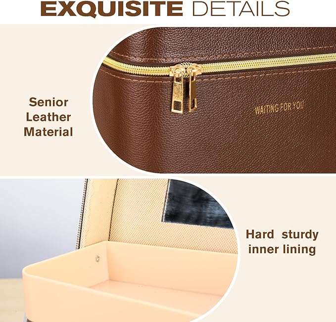 Luxury makeup box, Portable leather hard cosmetic case with mirror, cosmetic case organizer,Professional train case for women adults. (Brown)