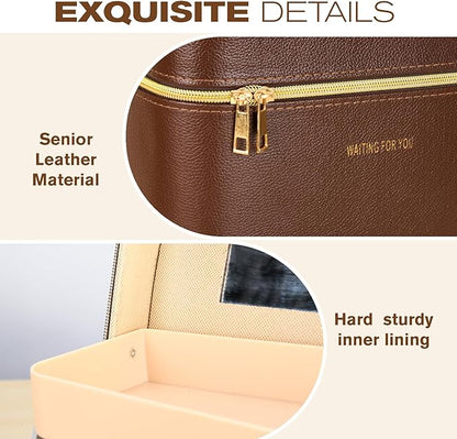 Luxury makeup box, Portable leather hard cosmetic case with mirror, cosmetic case organizer,Professional train case for women adults. (Brown)