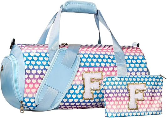 Christmas Gifts for Grandkids, Girls Travel Duffel Bag, Kids Initial Overnight Bags with Shoe Compartment, Initial Duffle Bag with Makeup Pouch, Gift for Teenage Girl (Letter F)