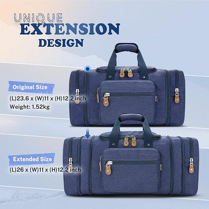 Gonex Canvas Duffle Bag for Travel 60L Expandable Duffel Weekend Overnight Bag men (Blue)