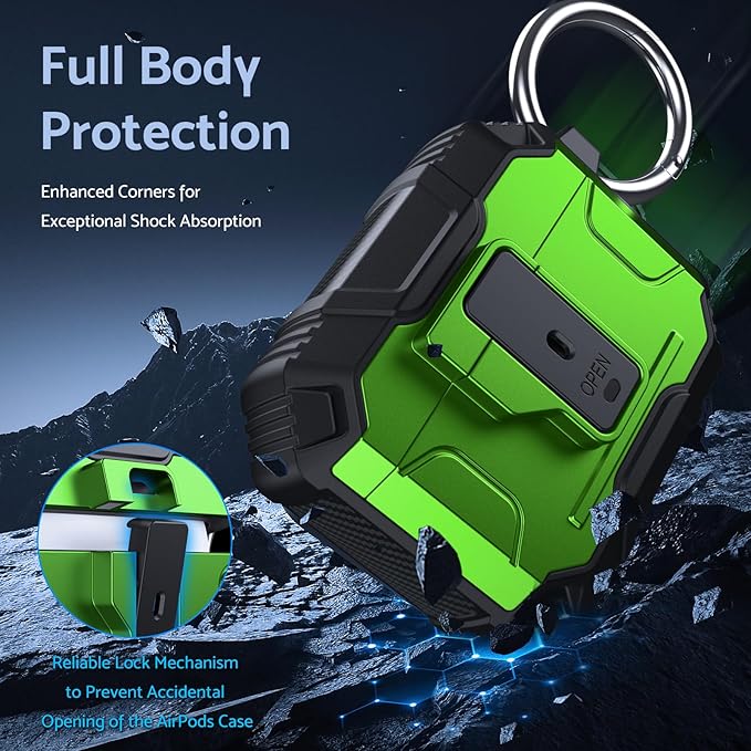 DASFOND Armor Cover Airpods 3 Generation Case, Military Grade Full Body Shockproof Protection Hard Case, Support Wireless Charging with Keychain, Magnetic Lid, Front LED Visible, Grass Green