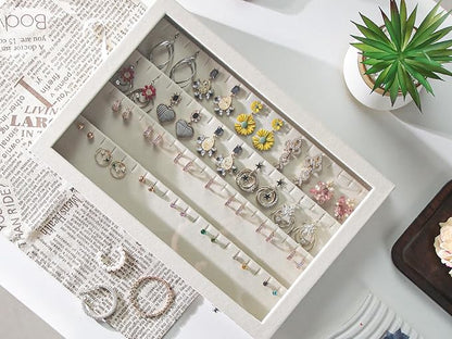 Coward Earring Organizer Tray Box, Beige Velvet Earring Jewelry Display Storage Tray Case with Transparent Glass Lid for Home Drawer or Shop Selling