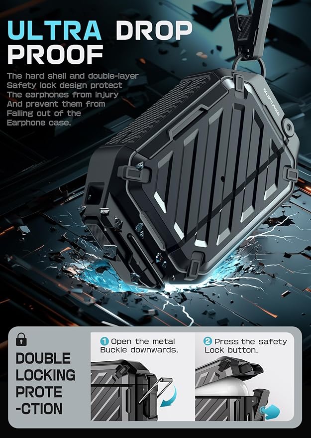 SUPCASE for AirPods Pro 3 Case with Lock & Carabiner, [IP68 Waterproof] [Military-Grade Protection] [Supports Wireless Charging] Anti-Scratch Hard Shell Cover for AirPods Pro 3rd Gen, Black