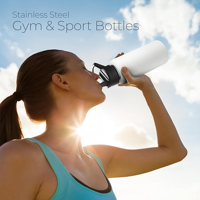 SipX™ Triple-Insulated Stainless Steel Water Bottle 32oz. With 3 Lids, BPA-Free Reusable Insulated Water Bottle Keeps Cold 24 Hours, Metal Water Bottle Made Of Sustainable Material For Hiking & Biking