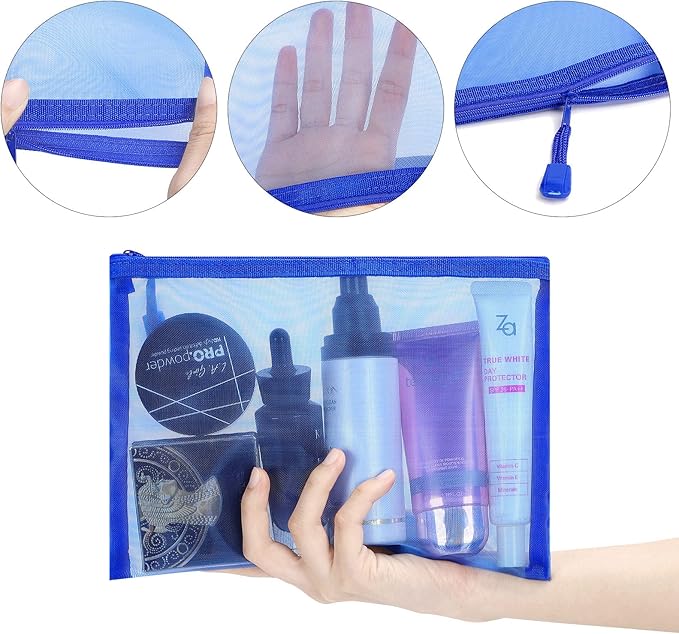 12 Pieces Zipper Nylon Mesh Pouch, Mesh Cosmetic Bags Makeup Bags Pencil Case, Multipurpose Travel Bags for Cosmetic School Office Supplies and Travel Accessories (Blue, A5) (WB06)