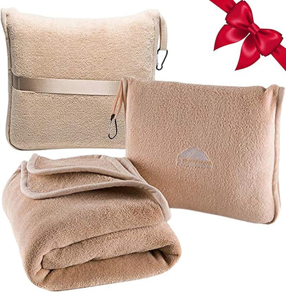 BlueHills Premium Soft Travel Blanket Pillow Airplane Blanket Packed in Soft Bag Pillowcase with Hand Luggage Belt Backpack Clip Compact Pack Large Portable Flight Throw Beige T005