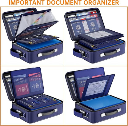 DocSafe Fireproof Document Box with Lock＆Shoulder Strap,Hard Case File Organizer with Accordion File Folder,Multi-Layer Portable Home Office Travel Safe Storage for Important Documents Laptop Blue