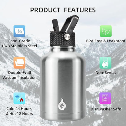 BJPKPK Insulated Water Bottles with Straw Lid, 50oz Large Water Jug, Stainless Steel Vacuum Bottles, Hot & Cold Thermo with 3 Lids and Paracord Handle,Stainless Steel
