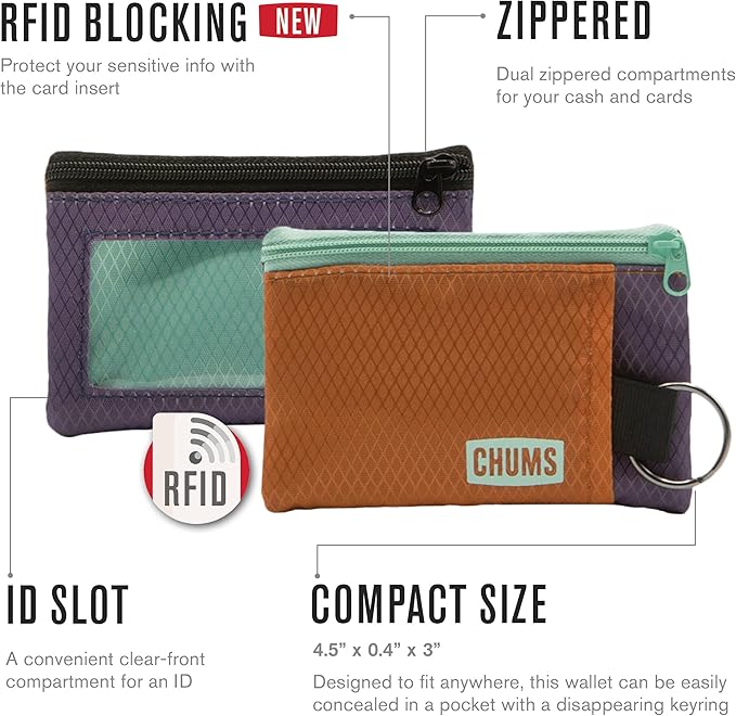 Chums Surfshorts Wallet - Lightweight Slim Wallet with RFID Blocking Card & Clear ID Window - Zippered, Minimalist Wallet w/Key Ring - Solid Colors