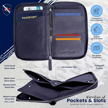ALLEN & MATE Passport Holder Travel Wallet, 100% Leather RFID Blocking Travel Document Organiser for Men & Women