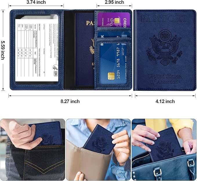 Real Leather Wallet RFID Family Passport Holder Waterproof Travel Black (Blue)