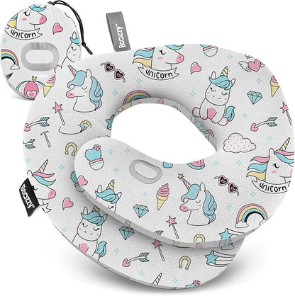 BCOZZY Kids Chin Supporting Travel Pillow for Ages 3–7- Patented Soft Neck Pillow for Head and Chin Support in Car Seat and Airplane. Comfortable Travel Essential. Small Size, Bag, Unicorn