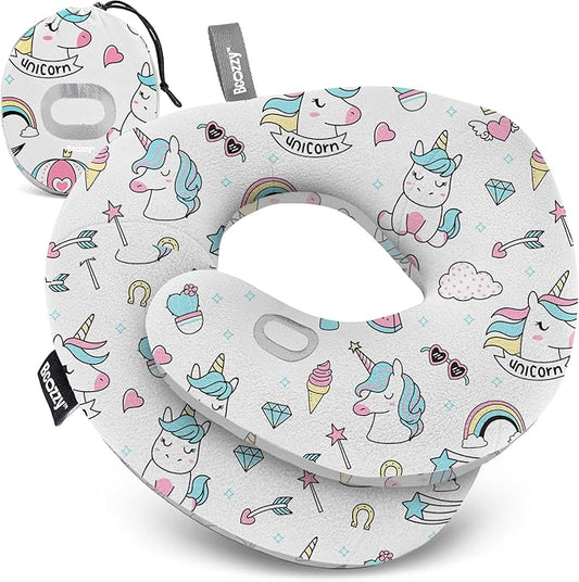 BCOZZY Kids Chin Supporting Travel Pillow for Ages 3–7- Patented Soft Neck Pillow for Head and Chin Support in Car Seat and Airplane. Comfortable Travel Essential. Small Size, Bag, Unicorn
