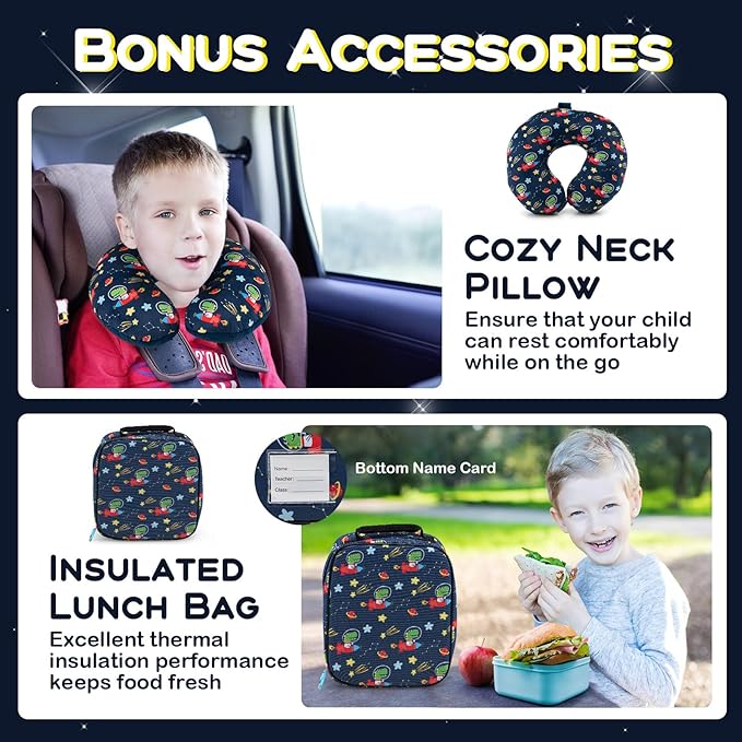 BABY JOY Kids Luggage, 5 Pieces Luggage Set w/ 16" Carry-on Hardshell Spinner Toddler Suitcase, 13" Backpack, Neck Pillow & Insulated Lunch Bag, Travel Kids Rolling Suitcase for Boys (Navy Astronauts)
