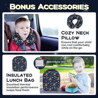 BABY JOY Kids Luggage, 5 Pieces Luggage Set w/ 16" Carry-on Hardshell Spinner Toddler Suitcase, 13" Backpack, Neck Pillow & Insulated Lunch Bag, Travel Kids Rolling Suitcase for Boys (Navy Astronauts)