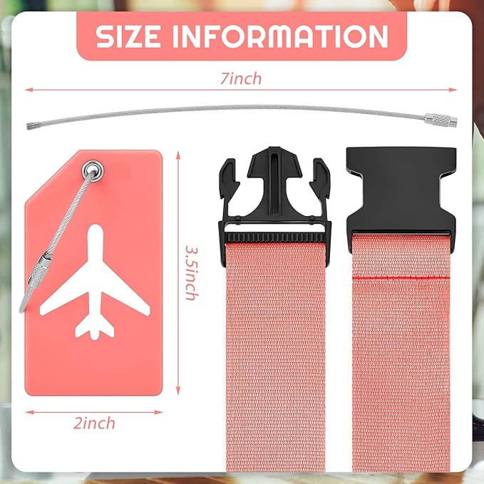 Weewooday 8 Pcs Luggage Straps Suitcase Tags Set for TSA Approved, 4 Travel Adjustable Suitcase Belt, 4 Silicone Luggage Tags with Name ID Card Travel Accessories(Dark Pink,Airplane)