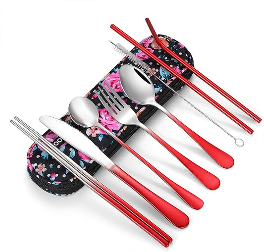 Travel Utensils,Reusable Silverware Set To Go Portable Cutlery Set with a Waterproof Carrying Case for Lunch Boxes Workplace Camping Picnic (GraRed)