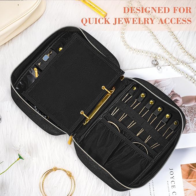 Travel Jewelry Organizer - Imitation Leather Travel Jewelry Case with Adjustable Pages, Jewelry Bag for Earrings,Rings,Necklaces,Bracelets-Perfect,Waterproof, Ideal for Trips & Gifts (Black)