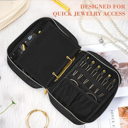 Travel Jewelry Organizer - Imitation Leather Travel Jewelry Case with Adjustable Pages, Jewelry Bag for Earrings,Rings,Necklaces,Bracelets-Perfect,Waterproof, Ideal for Trips & Gifts (Black)
