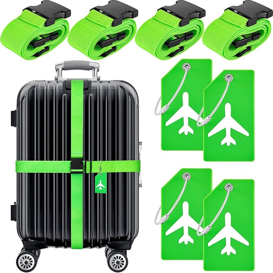 Weewooday 8 Pcs Luggage Straps Suitcase Tags Set for TSA Approved, 4 Travel Adjustable Suitcase Belt, 4 Silicone Luggage Tags with Name ID Card Travel Accessories(Fluorescent Green,Airplane)