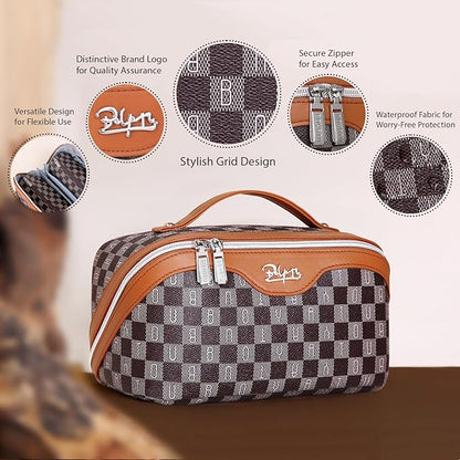 BOYATU Travel Makeup Bag Cosmetic Bags for Women: 3 Pcs Set Portable Make up Bag with Handle - Vegan Leather Toiletry Bags with Compartments - Makeup Organizer for Travel Essentials(C-2-Brown)