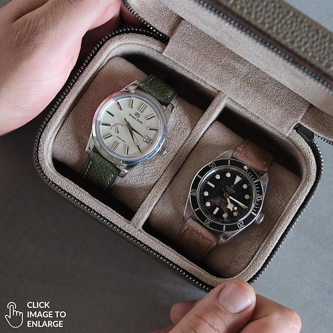 TAWBURY 2 Watch Travel Case - Genuine Top-Grain Leather Watch Box for Men & Women with Metal Zipper and Extra Wide Pillows for Large Watches (Taupe)