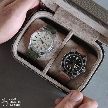 TAWBURY 2 Watch Travel Case - Genuine Top-Grain Leather Watch Box for Men & Women with Metal Zipper and Extra Wide Pillows for Large Watches (Taupe)