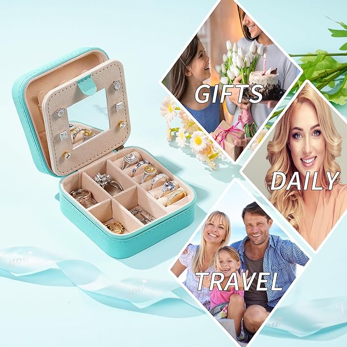 Parima Gifts for Mom - Small Travel Jewelry Box, Travel Jewelry Case with Mirror for Necklace Earrings Rings Organizer | Birthday Gifts Christmas Travel Gifts for Mom - Letter F, Aqua Blue