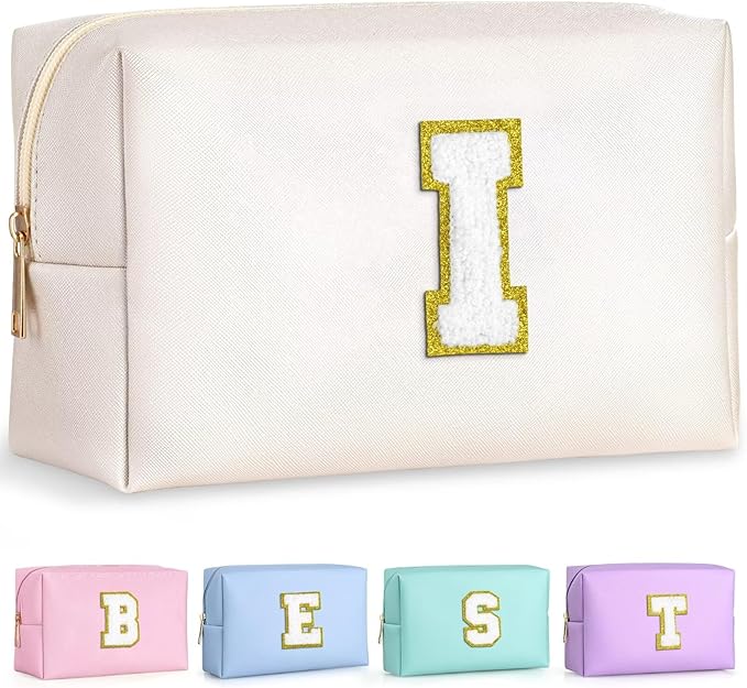 TOPEAST Preppy Makeup Bag, Cute Makeup Pouch PU Leather Waterproof Cosmetic Bag, Personalized Birthday Gifts for Mom Teacher Friends Bridesmaids Nurse, Trendy Stuff for Girls (White I)