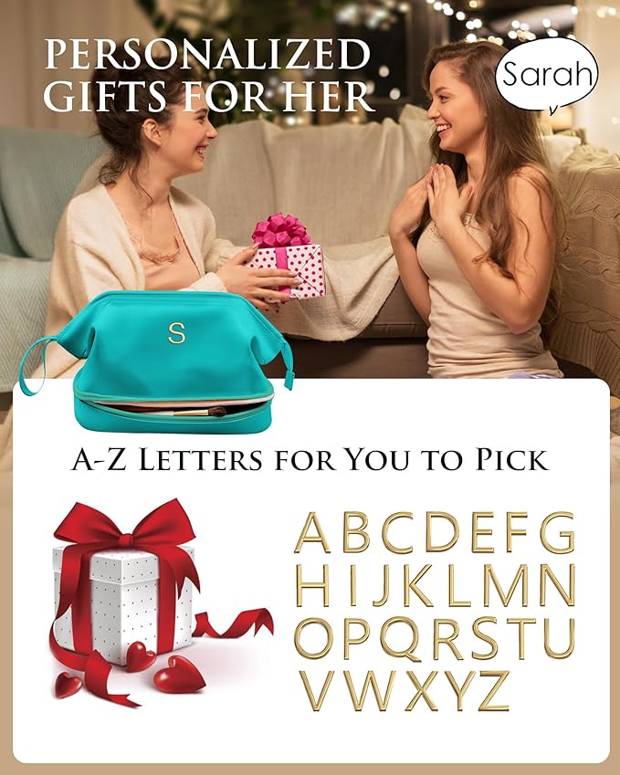 Freshman Gifts, Birthday Gift for Her, Makeup Bags, Waterproof Double Layer Cosmetic Bag, Large Capacity PU Leather Makeup Bags Letter Travel Toiletry Bag, Initial Gifts for Coworkers