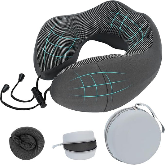 Travel Neck Pillow - Memory Foam U-Shaped - Sleep Neck Pillow 360° Ergonomic Support, Washable Foldable with Storage Box - for Airplane, Car, Office, Home (Dark Gray)